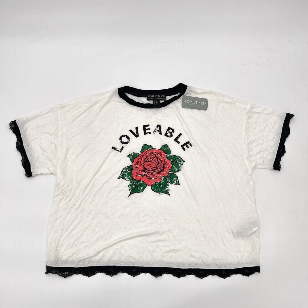 NEW Forever 21 Shirt Womens 0X Plus Size Ivory  T-Shirt Blouse Lace Rose Flower